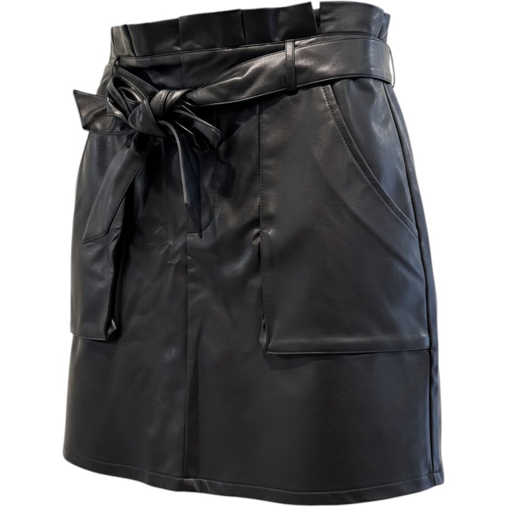 Gilli Faux Leather Goth Mini Skirt Black New Paperbag Waist Belted Womens Medium